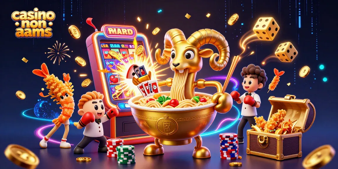 Giocare a casino non AAMS con un'illustrazione 3D di un piatto giapponese, slot machine e monete d'oro.