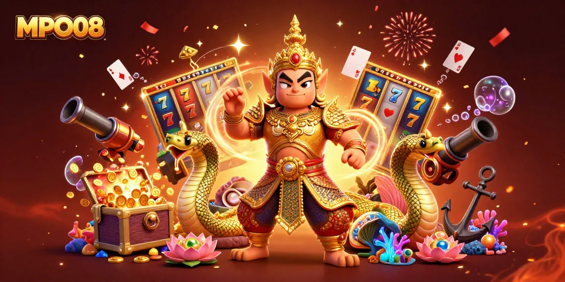 MPO08 showcases a dynamic 3D casino scene with a Thai temple guardian and vibrant slot elements.