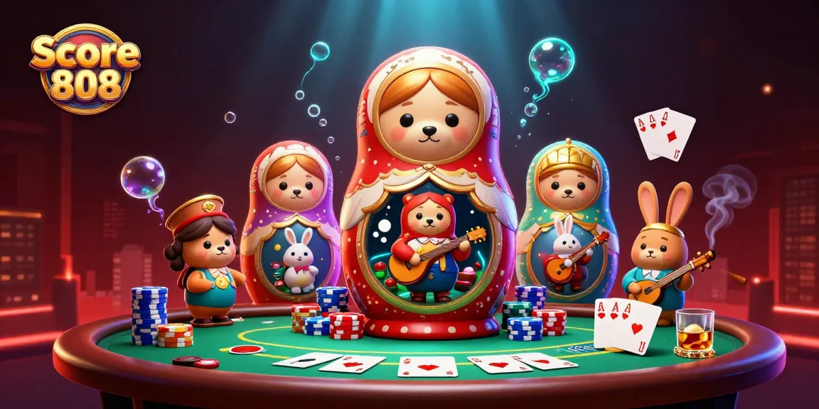 Score 808 showcases an engaging scene full of casino excitement with bears and a balalaika-playing rabbit.