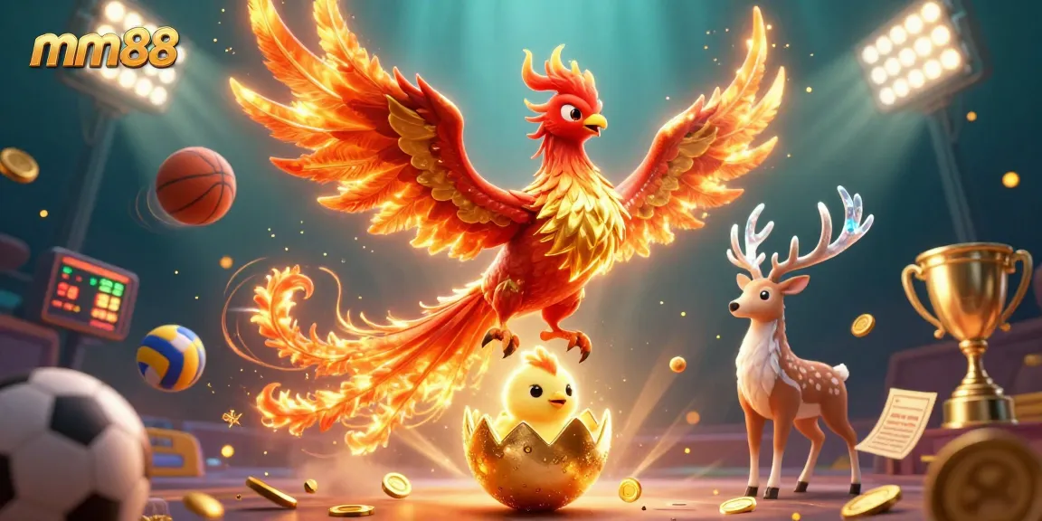 Experience the thrill of mm88 with an energetic scene featuring a phoenix and sports elements.