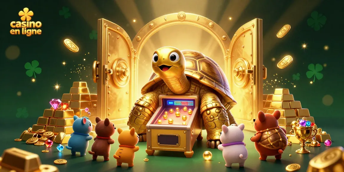 Découvrez une illustration d'une tortue dorée géante jouant au casino en ligne remplie de trésors.