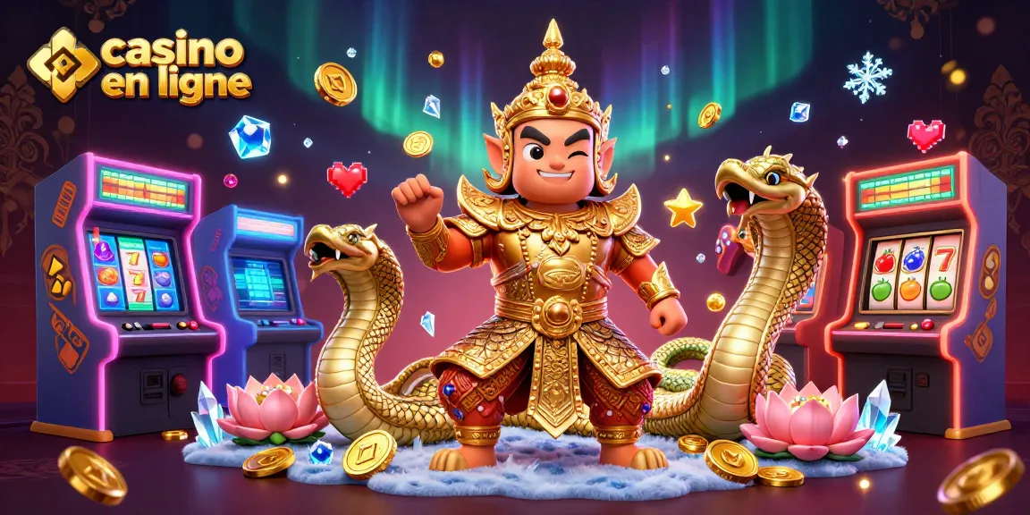 Plongez dans l'univers du casino en ligne avec une illustration d'un gardien thaï, des machines à sous, et des serpents Naga.