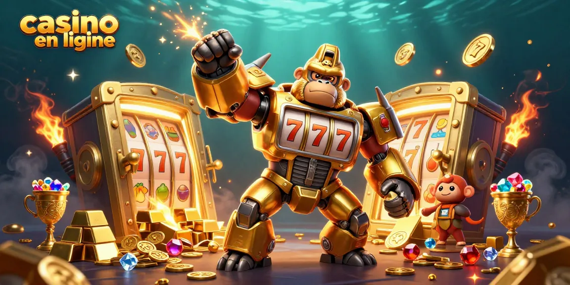 Découvrez l'étonnante illustration 3D d'une mécanique de casino en ligne avec un gorille doré transformateur et des pièces d'or.