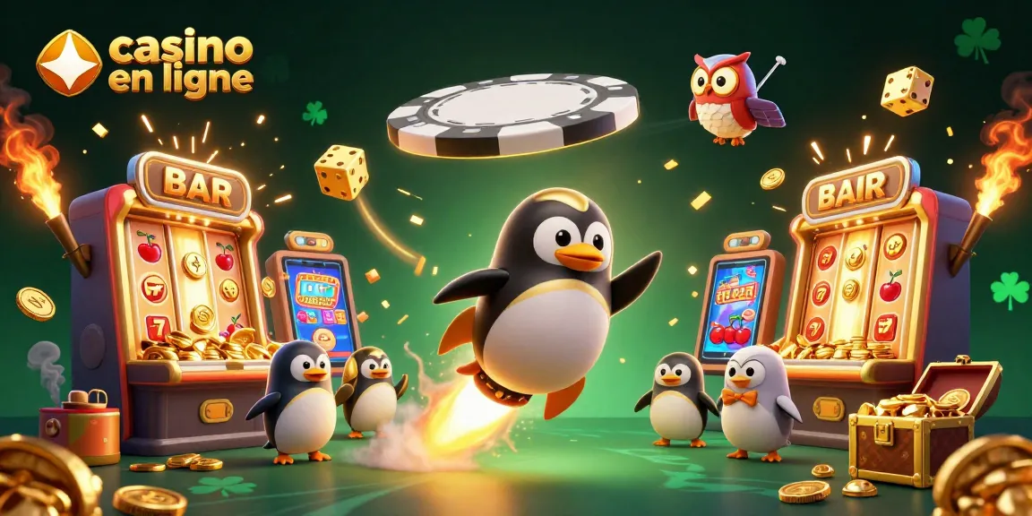 Jouer au casino en ligne avec un pingouin doré propulsé par une fusée et des machines à sous en pleine action.