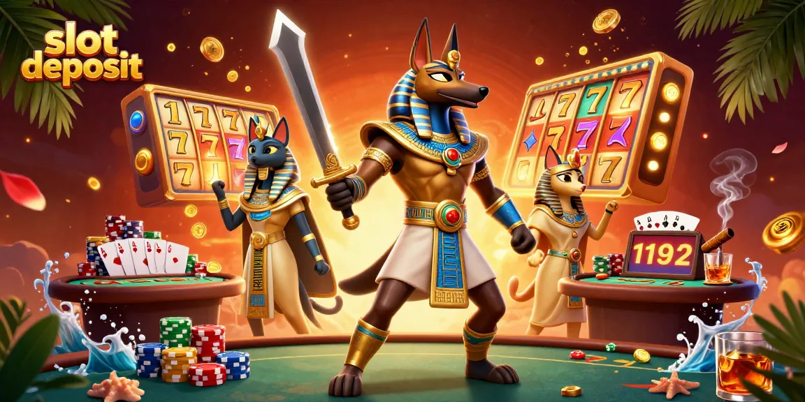 Permainan slot deposit dengan Anubis dan Bastet dalam suasana kasino yang cerah dan penuh simbol keberuntungan.