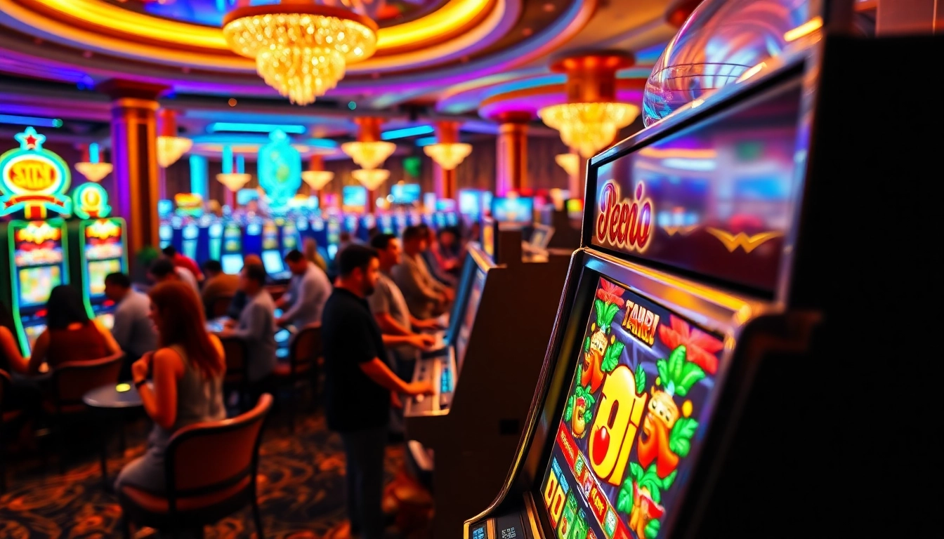 Melakukan tikislot login di mesin slot bertema tiki yang berwarna-warni di kasino.