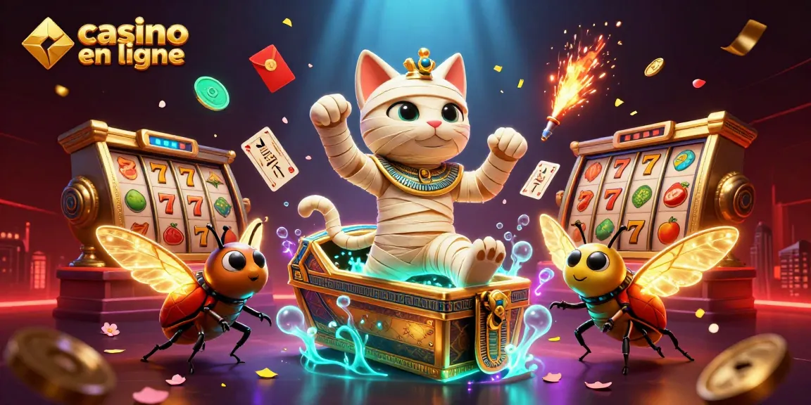 Illustration colorée d'un casino en ligne avec un chat momie et un scarabée, entouré de jeux de casino.