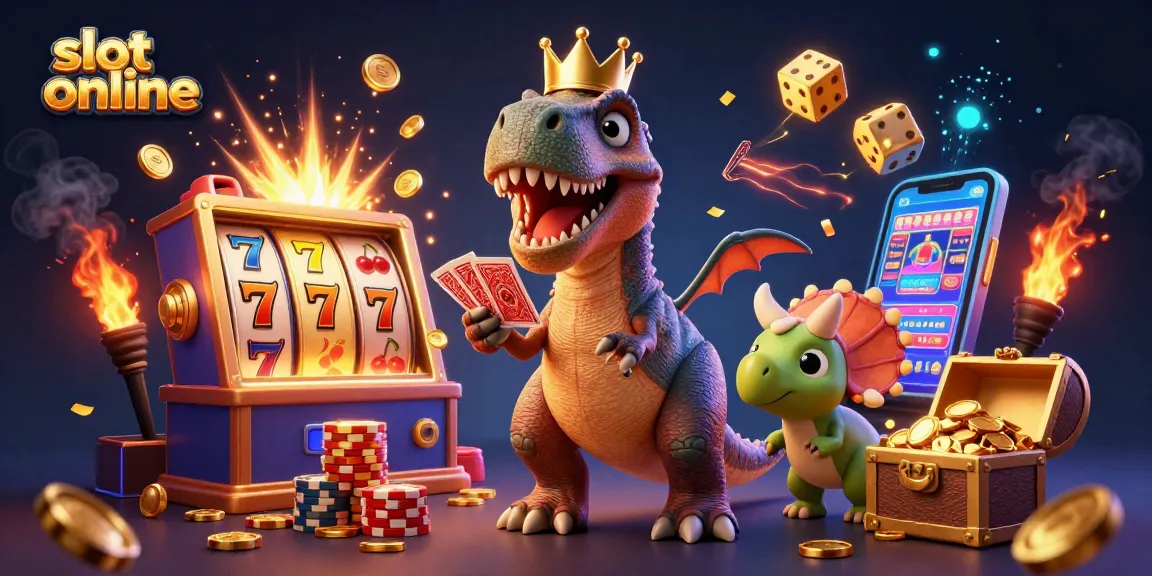 Win big with slot online adventures featuring a T-Rex shuffling cards and a baby triceratops stacking chips!