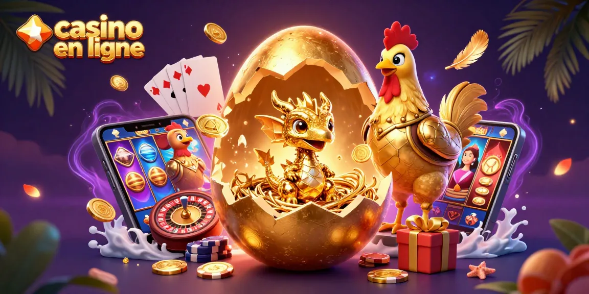 Profitez des jeux de casino en ligne captivants avec un dragon doré et des jetons de poker.