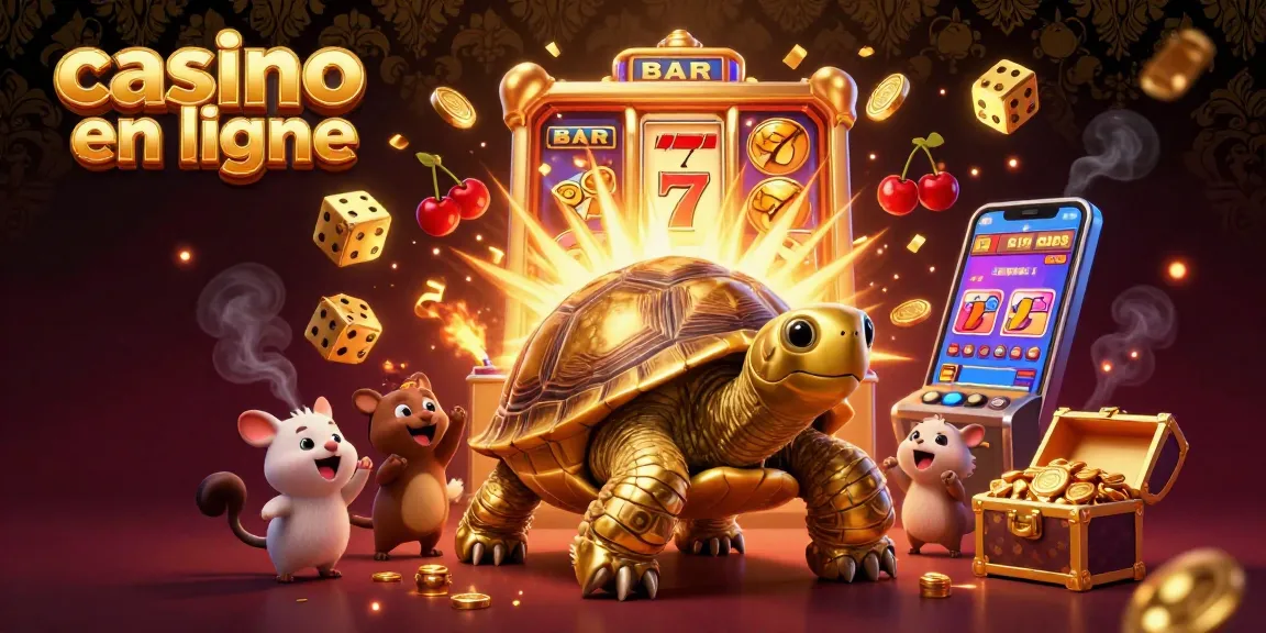 Jouer à un casino en ligne avec une illustration 3D de tortue dorée et machines à sous