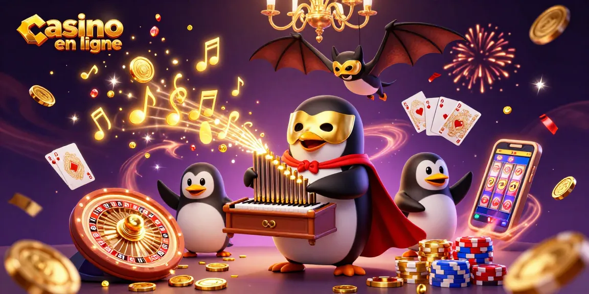 Visuel captivant de "casino en ligne" avec un pingouin en demi-masque jouant un orgue, des pièces d'or et des jeux excitants.
