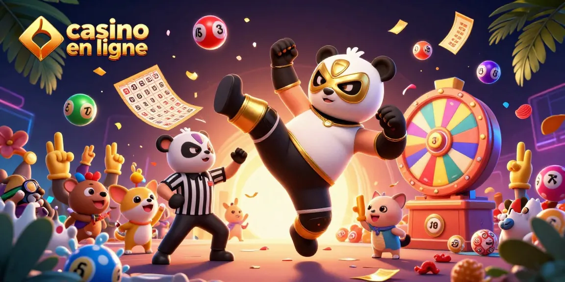 Visualisez un casino en ligne avec un panda lutteur faisant un salto, entouré d'éléments de loterie et d'une ambiance festive.