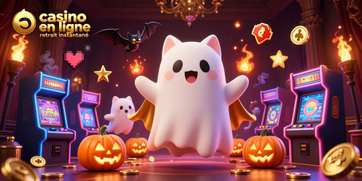 Jouez au casino en ligne retrait instantané avec un chat fantôme et une chauve-souris, entourés de machines colorées.