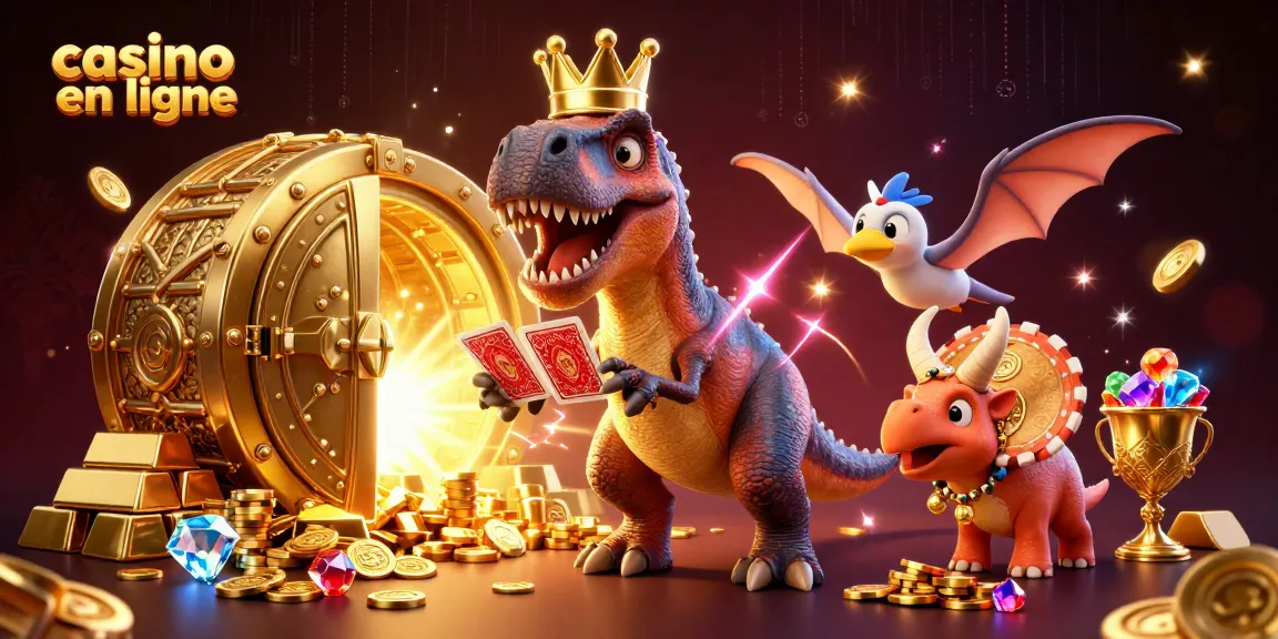 Le T-Rex et ses amis participent à des jeux de casino en ligne avec cartes et jetons en or.