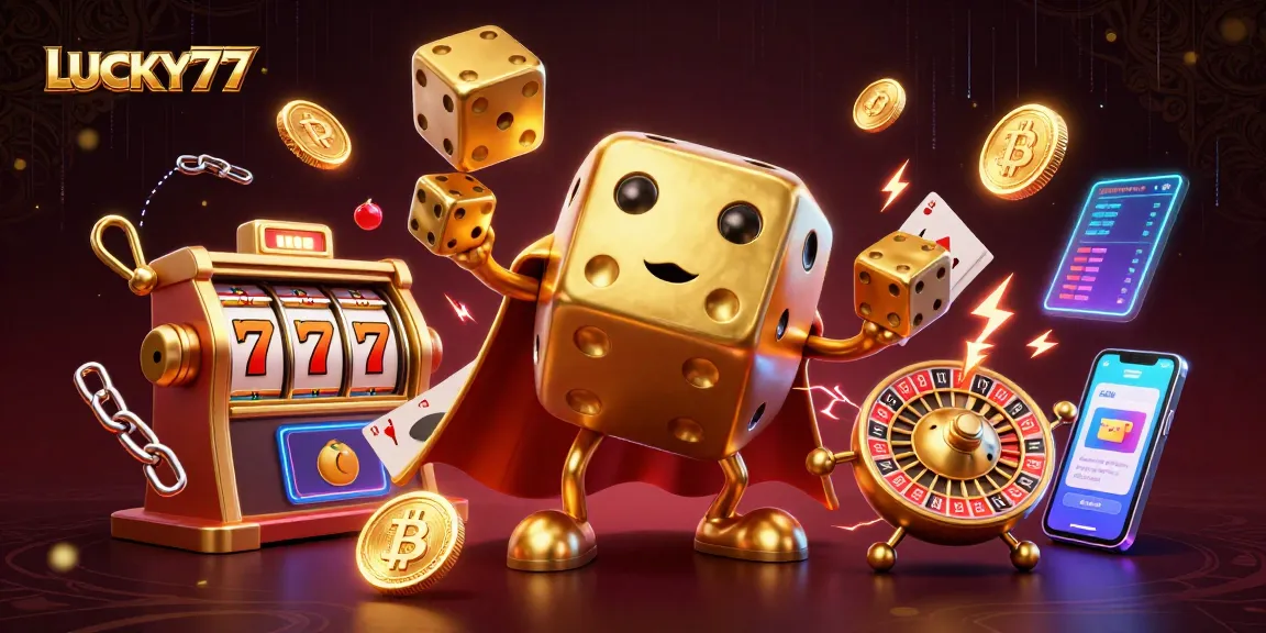 LUCKY77 showcases vibrant 3D cartoon scene with a golden dice golem and dynamic casino elements.