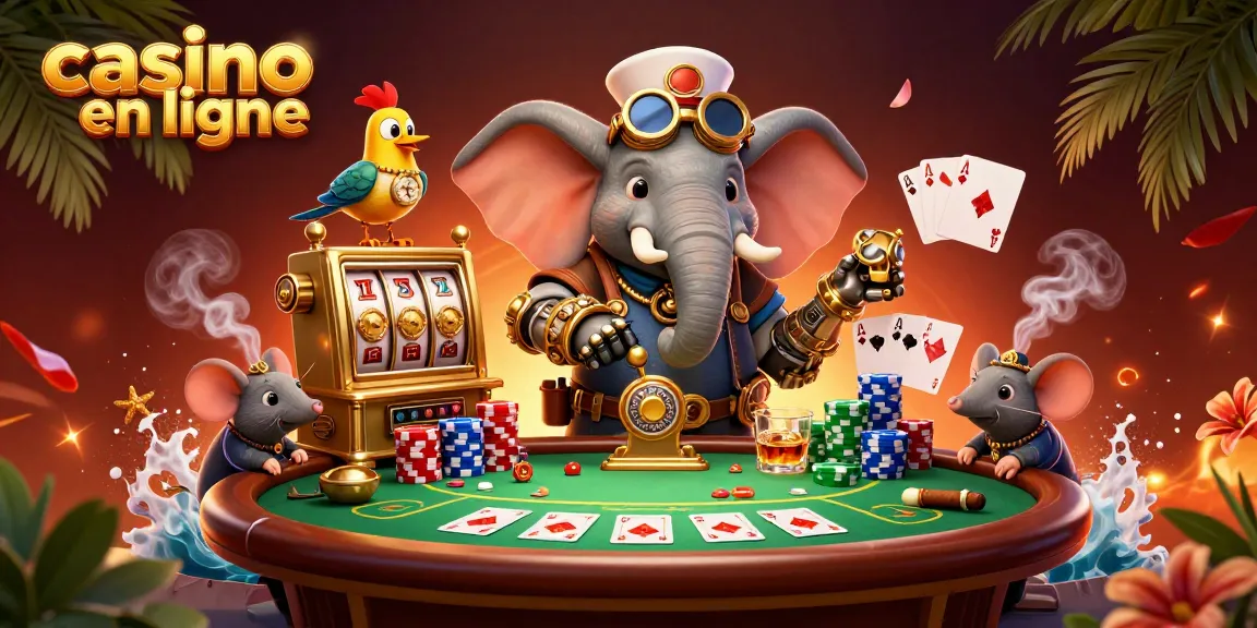 Le casino en ligne avec un éléphant steampunk jouant aux machines à sous entouré de jetons de poker colorés.