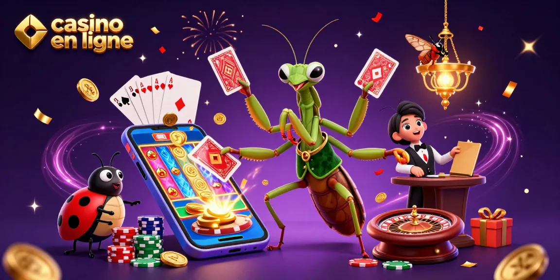 Illustration animée vibrante mettant en scène un casino en ligne avec une mante en costume et une coccinelle.
