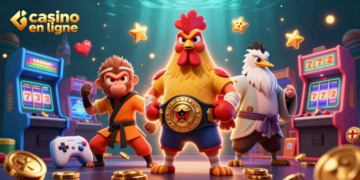 Plongez dans l'univers captivant du casino en ligne avec cette illustration détaillée, mettant en scène un coq muay thaï et un singe Shaolin.