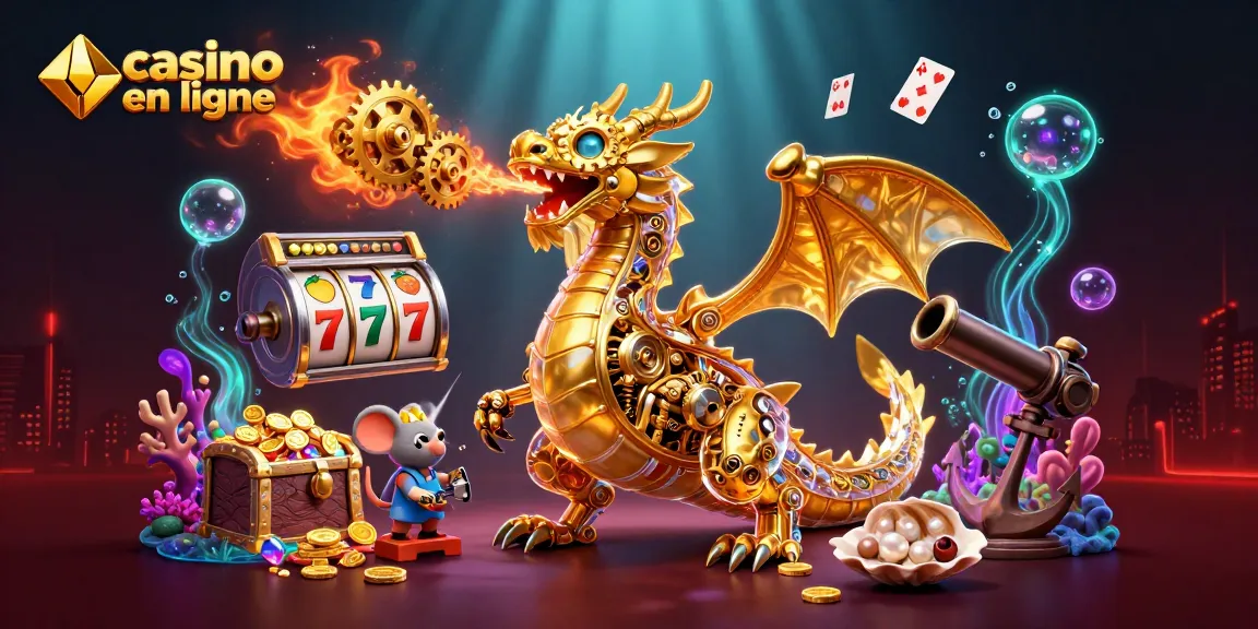 Visualisez un dragon d'or massif de casino en ligne avec des trésors sous-marins éclatants.