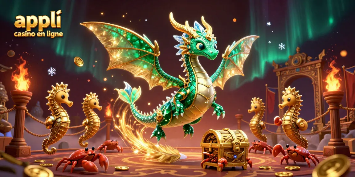 Gagnez avec l'appli casino en ligne, illustration d'un dragon et trésor dans un univers animé.