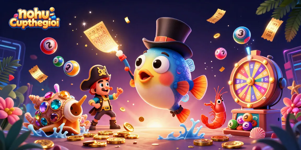 Engage with nohu-cupthegioi through a vibrant illustration of a casino adventure, showcasing glowing creatures and lottery excitement.