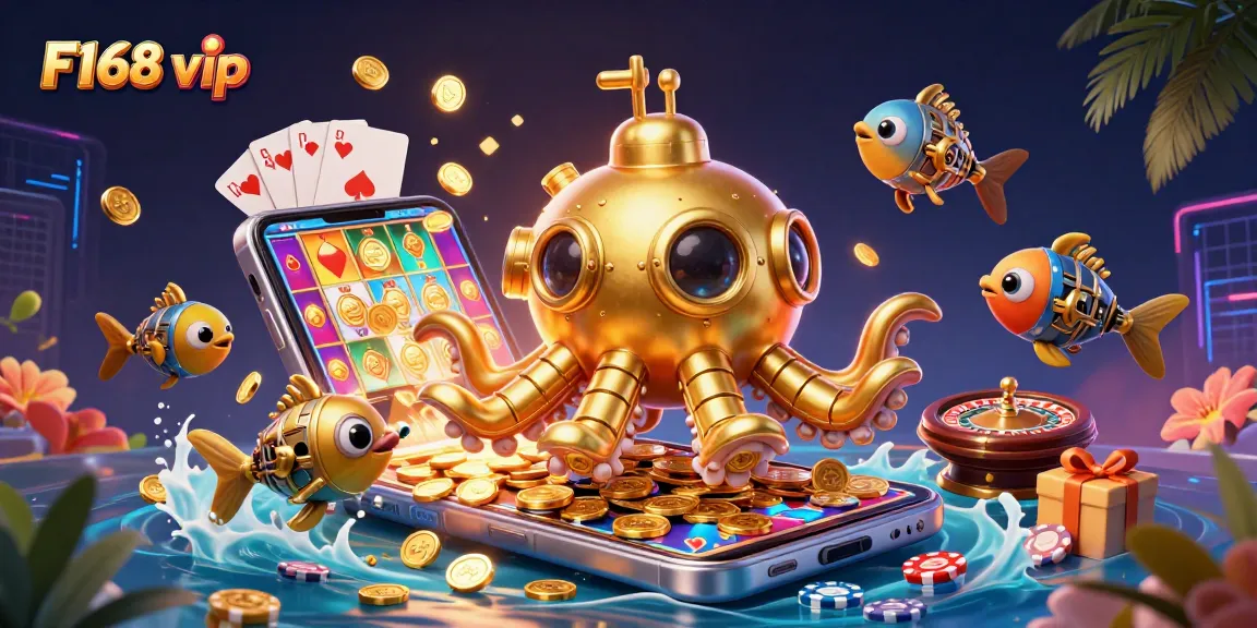 Experience the excitement of F168 vip with a dynamic casino illustration showcasing golden kraken and slot games.