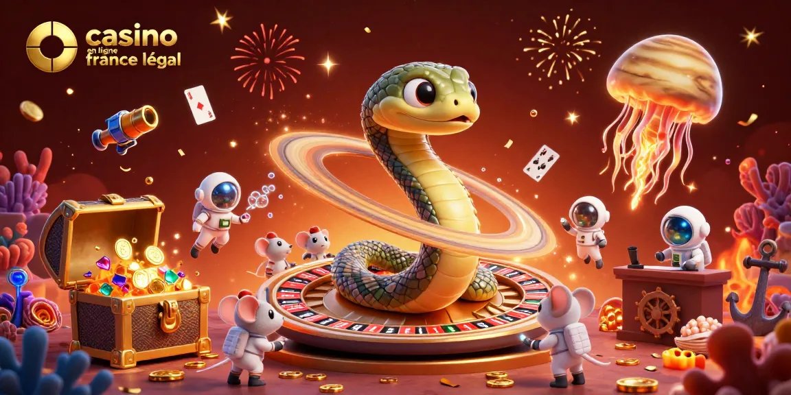 Illustration dynamique d'un serpent de Saturne autour d'un rouleau avec des astronautes, casino en ligne France légal.