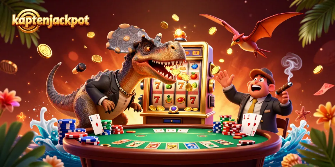 Experience the thrill of kaptenjackpot as a pachycephalosaurus wins big at a slot machine surrounded by casino elements.