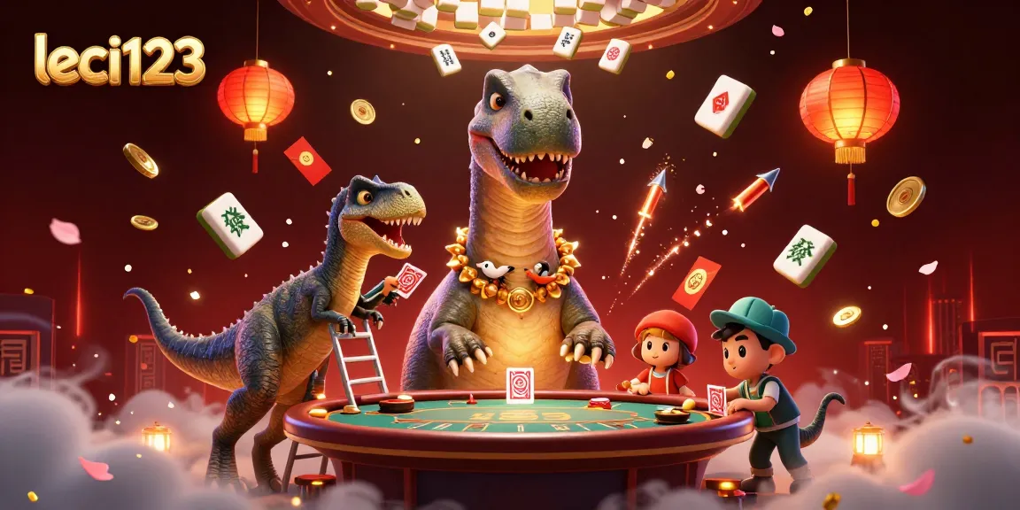 Engage with leci123's vibrant casino scene featuring a towering brontosaurus and dynamic gaming elements.