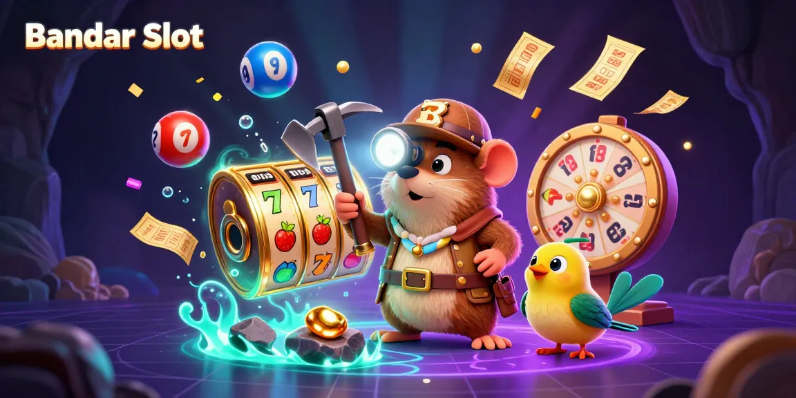 Engaging 3D scene of Bandar Slot featuring a treasure hunter mole, slot reels, and golden prizes amidst colorful elements, capturing excitement.