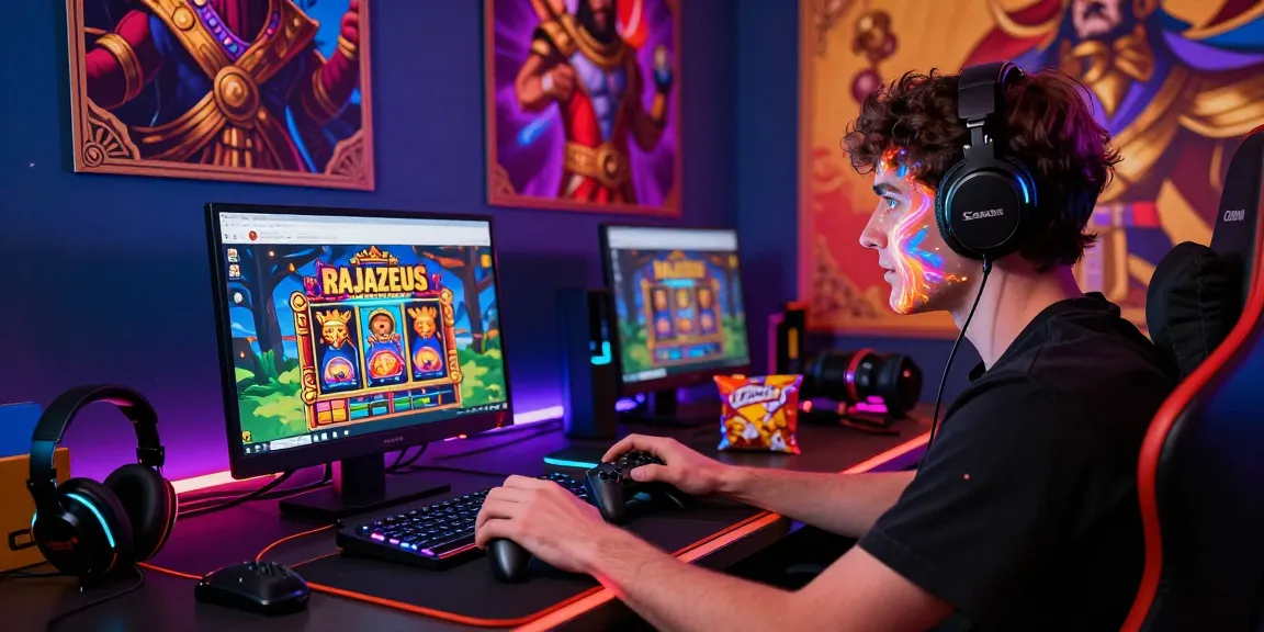 Engaging scene of a player enjoying slot zeus online games, surrounded by gaming gear and colorful ambiance.