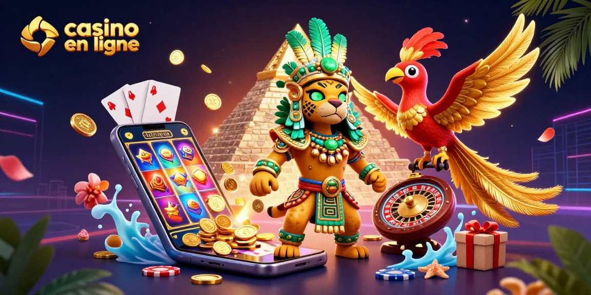 Découvrez l'illustration dynamique d'un casino en ligne avec un prêtre jaguar et un oiseau quetzal, remplie de jeux de machines à sous.