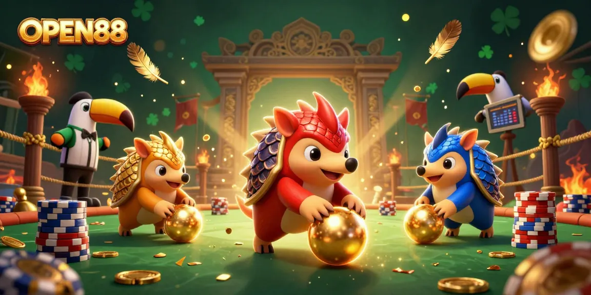 Experience the vibrant world of OPEN88 with cartoon pangolins in dynamic gambling action.