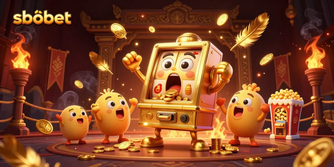 Win big with sbobet, as a golden slot machine hits the jackpot amidst a vibrant casino scene.