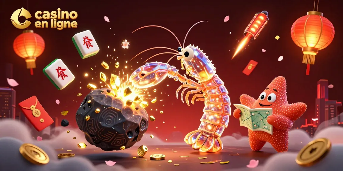 Illustration vibrante d'un samouraï mante et une étoile de mer dans un casino en ligne, avec des éléments de jeu.
