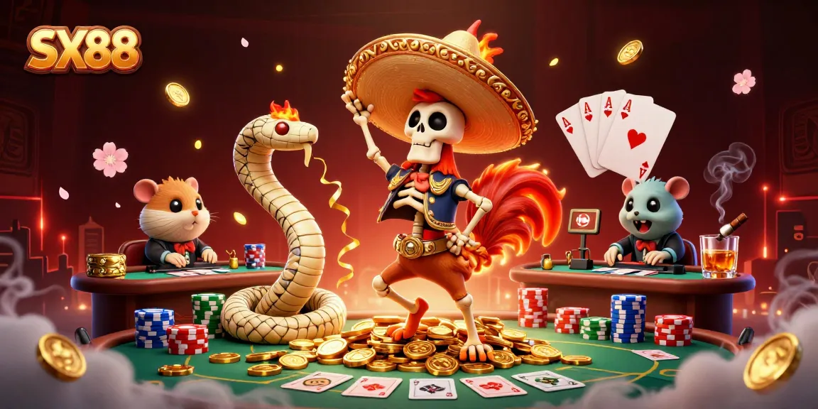 SX88 shines in this vibrant casino scene featuring a mariachi rooster and poker elements.