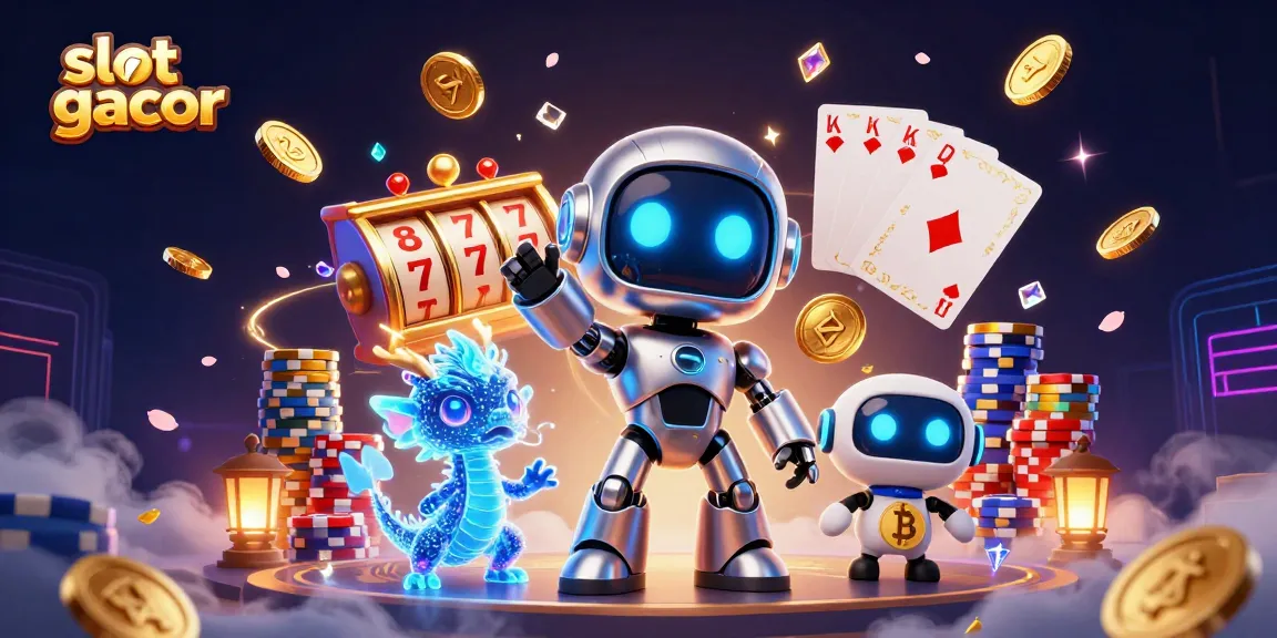 Menggandakan slot gacor dengan robot futuristik dan simbol bitcoin di suasana kasino digital yang menakjubkan.