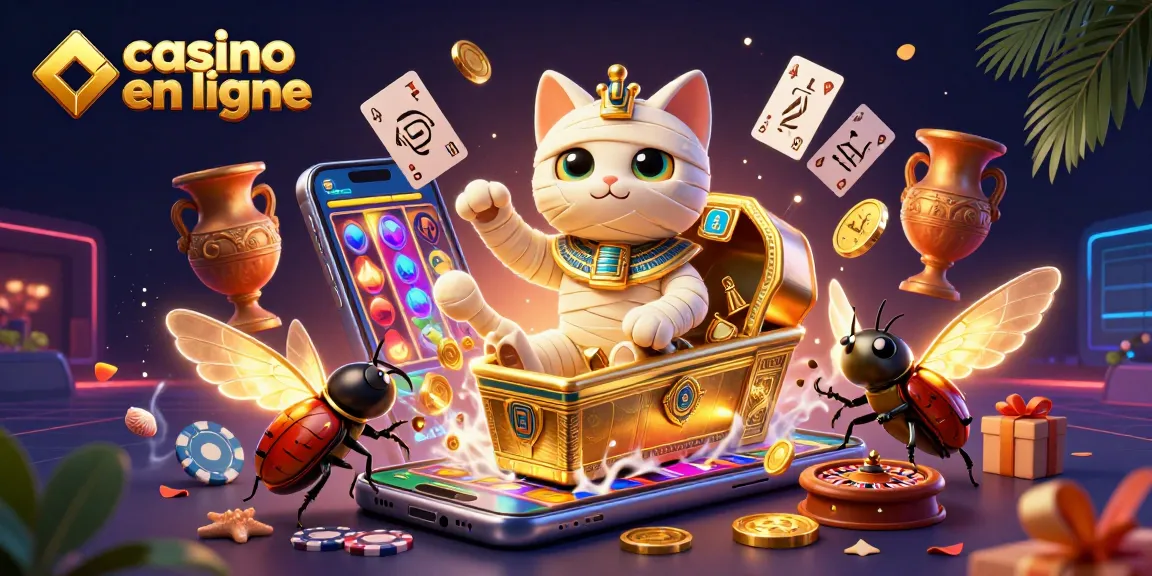 Illustration dynamique mettant en scène un casino en ligne avec un chat momie égyptien et des éléments de jeu.