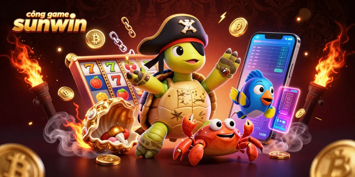 Engage with the vibrant energy of cổng game sunwin featuring a lively pirate turtle, golden coins, and slot reels.