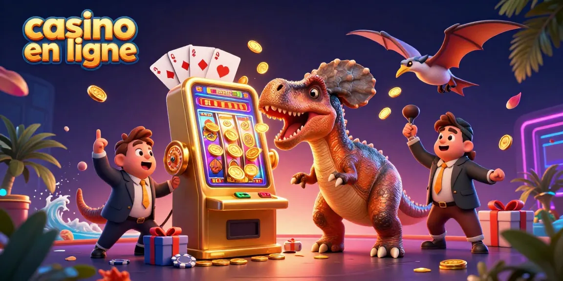 Une scène dynamique et colorée illustrant un casino en ligne avec des personnages de dinosaures s'affrontant aux machines à sous et attrapant des pièces d'or.