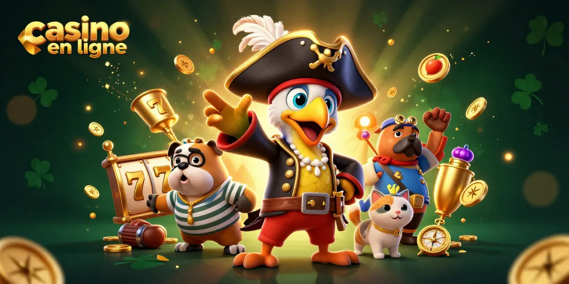 Illustration dynamique de casino en ligne avec un capitaine pirate et des éléments de machines à sous.