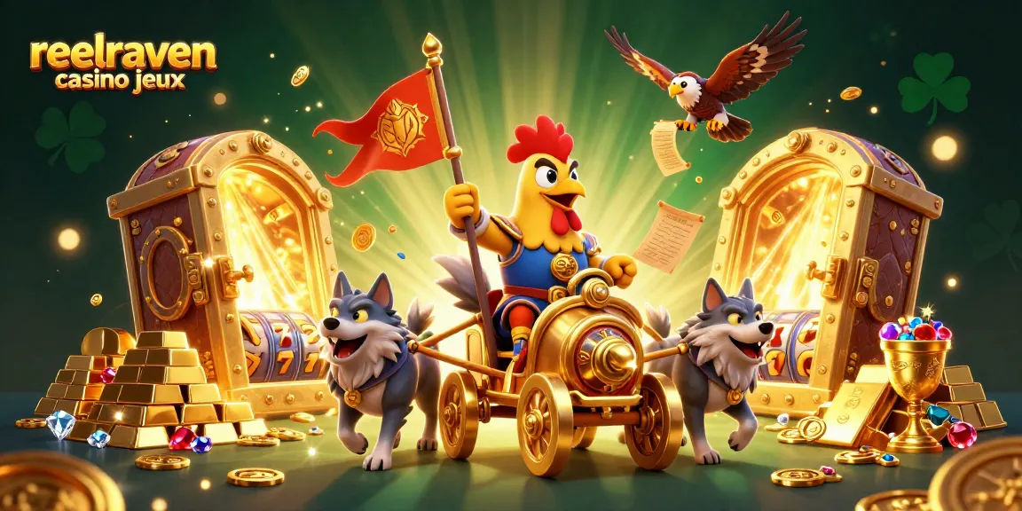 Jouez aux jeux de casino sur reelraven casino jeux avec des rouleaux de machines à sous en or.