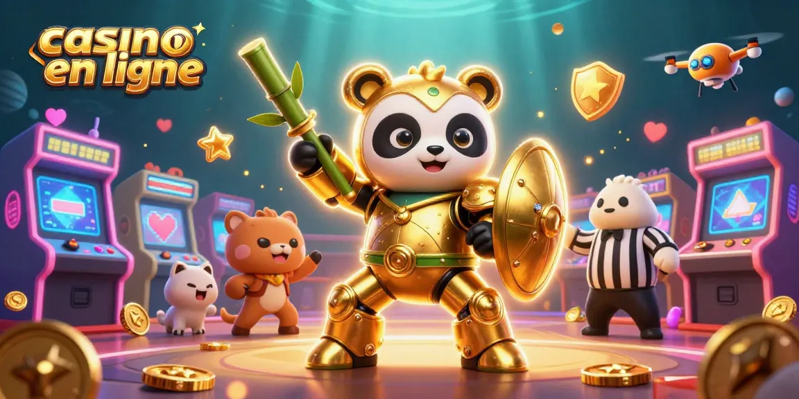 Plongez dans l'univers du casino en ligne avec un panda doré pilotant un robot unique, entouré d'éléments de jeu captivants.