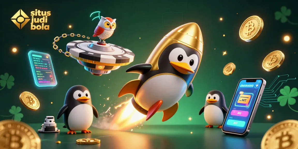 Engage with situs judi bola through exciting betting scenes featuring a golden penguin and casino elements.