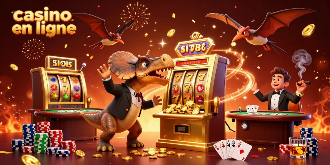Scène animée d'un casino en ligne avec des personnages de dinosaures en plein jeu de machines à sous.