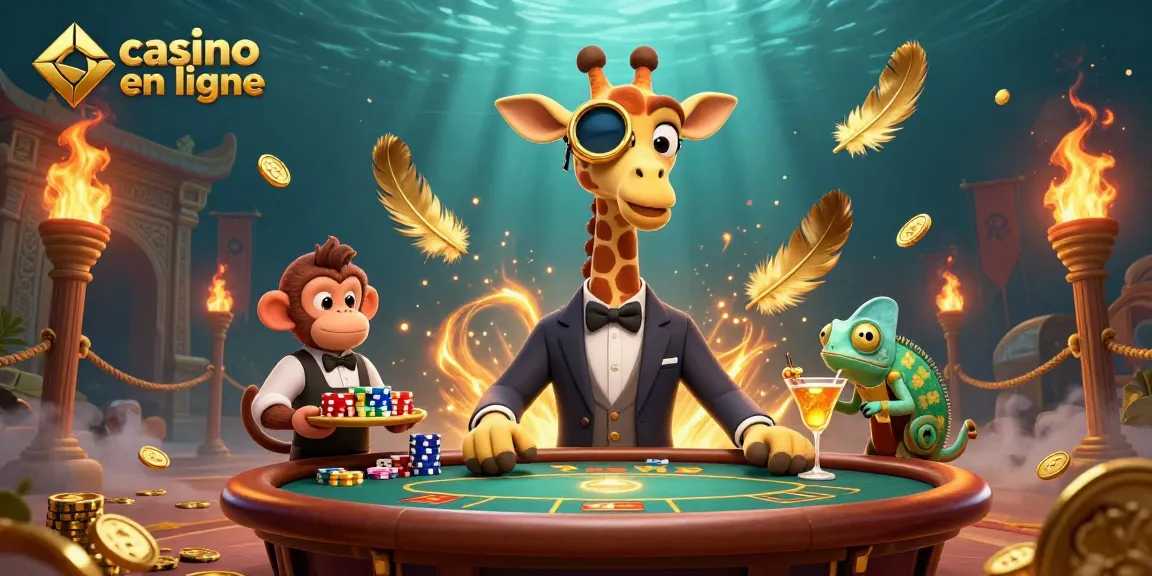 Jouez au casino en ligne avec une illustration de girafe, valet et barman, ambiance luxueuse.