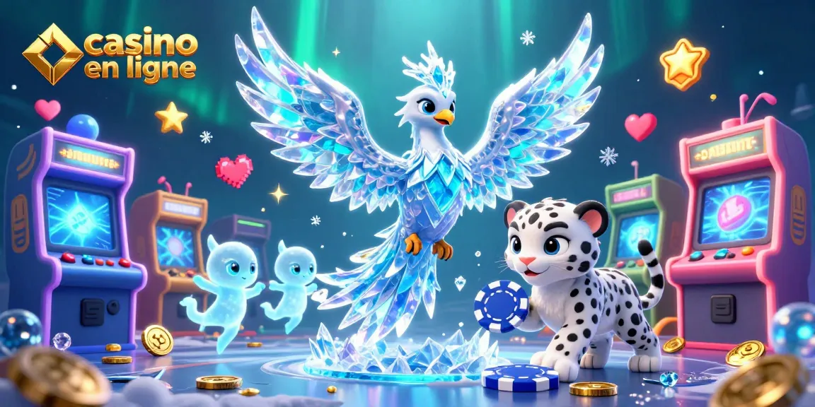 Les jeux dans un casino en ligne avec un phénix de glace, un léopard des neiges, et des sprites de glace dans une scène dynamique.