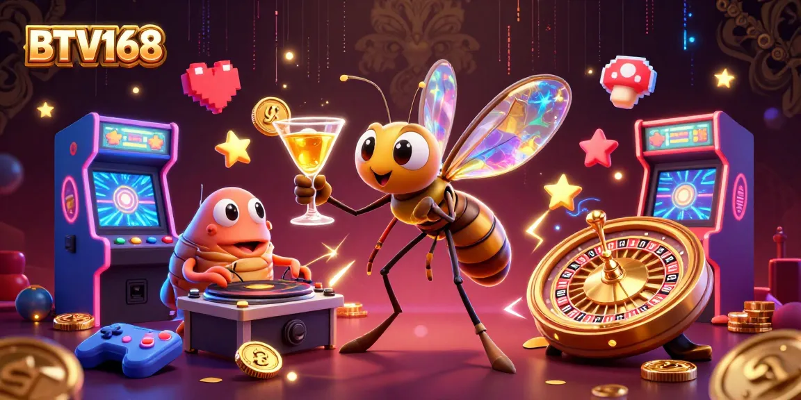 BTV168 showcases an engaging casino scene featuring a mosquito mascot, trilobite DJ, and ammonite roulette amidst vibrant gaming elements.