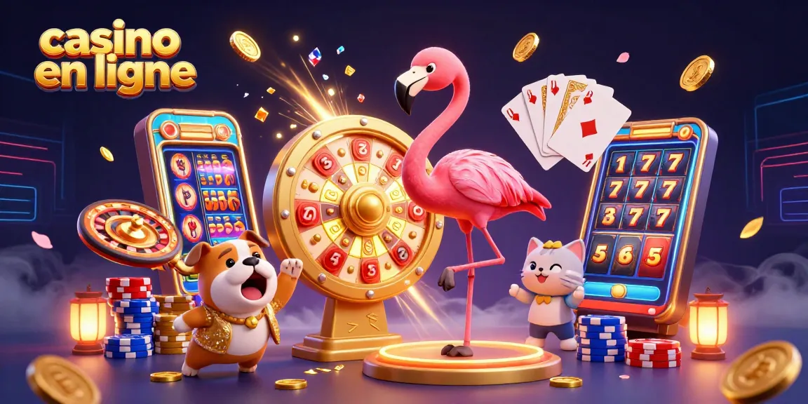 Animation captivante d'un casino en ligne avec un flamant rose animateur et un bulldog jouant.