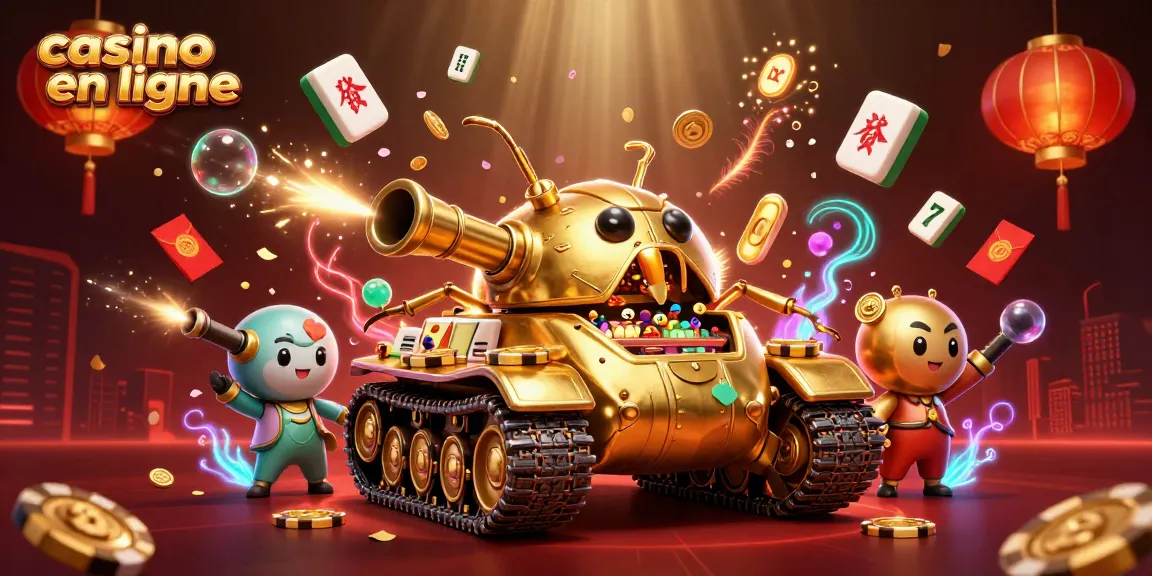 Illustration vibrante de casino en ligne avec un tank en or contenant un mini-casino et des éléments de jeu dynamiques.
